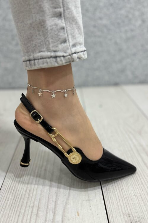 Siyah Rugan Gold Detaylı Abiye Topuklu Ayakkabı